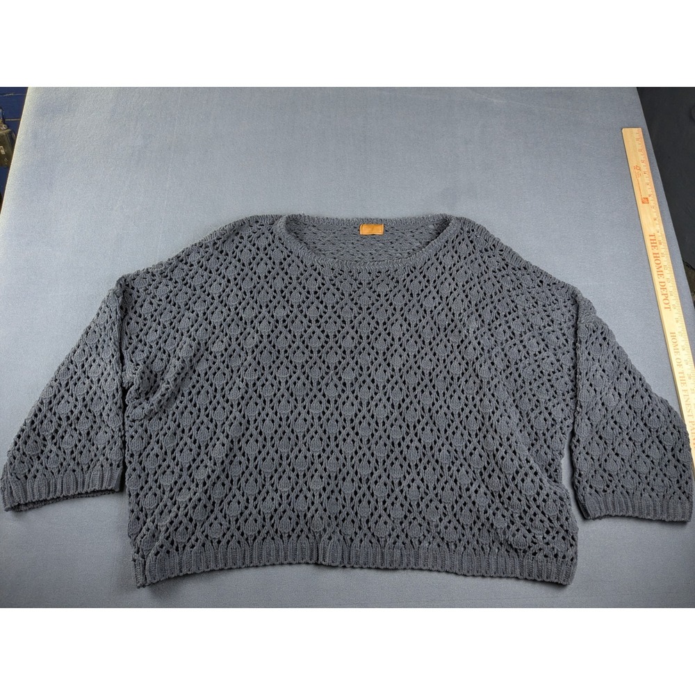 POL Sweater Womens Medium Gray Crochet Knit Oversized Boho Pullover 3/4 Sleeve